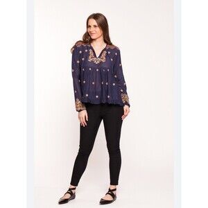 Max Studio Blouse Womens Small Navy Boho Embroidered Peasant Long Sleeve Tassel